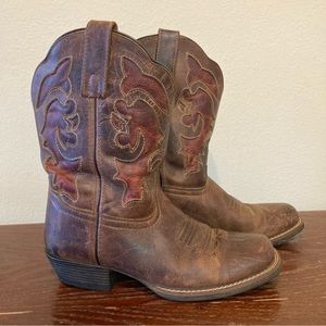 Smokey Mountain Cowboy Boots Brown Leather Short Cowgirl Boots Red Square Toe